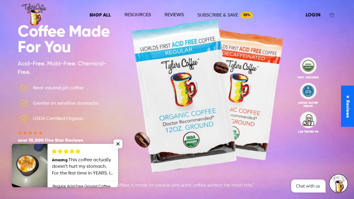 Screenshot of tylerscoffees.com interface