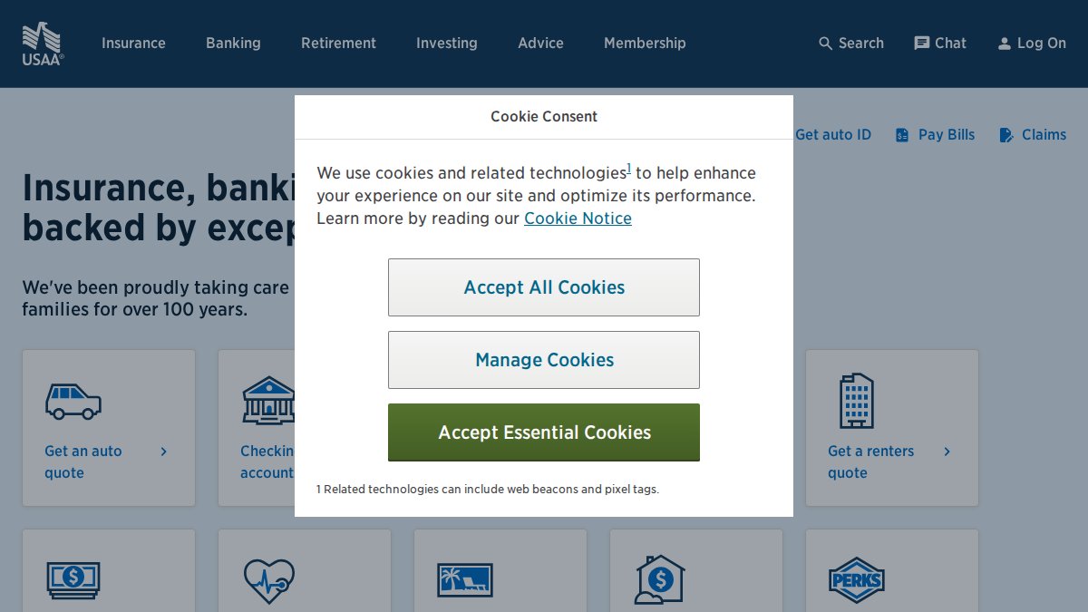 Screenshot of usaa.com interface