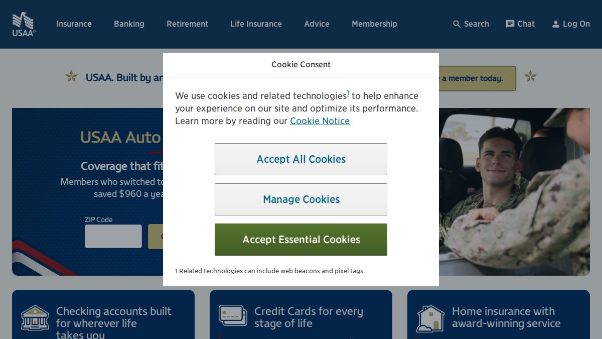 Screenshot of usaa.com interface