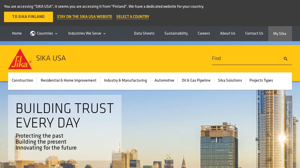 Screenshot of usa.sika.com interface