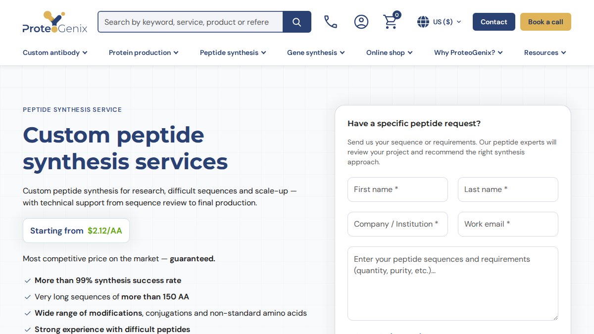 Screenshot of Custom Peptide Synthesis page on us.proteogenix.science