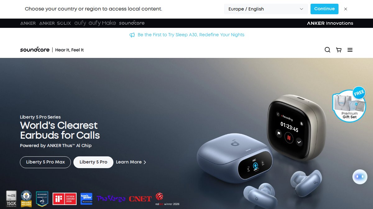 Screenshot of us.soundcore.com interface
