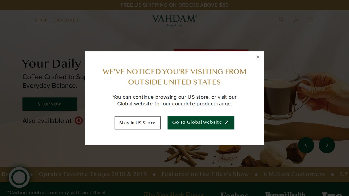 Screenshot of vahdam.com interface
