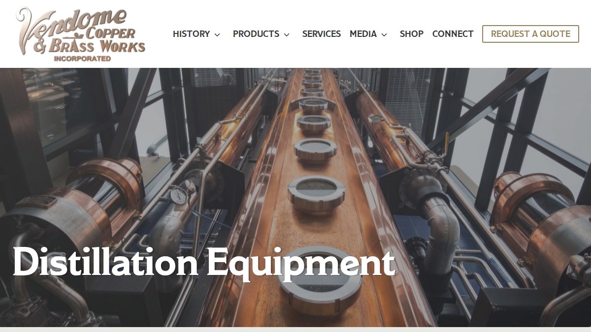 Screenshot of Distillation Equipment page on vendomecopper.com