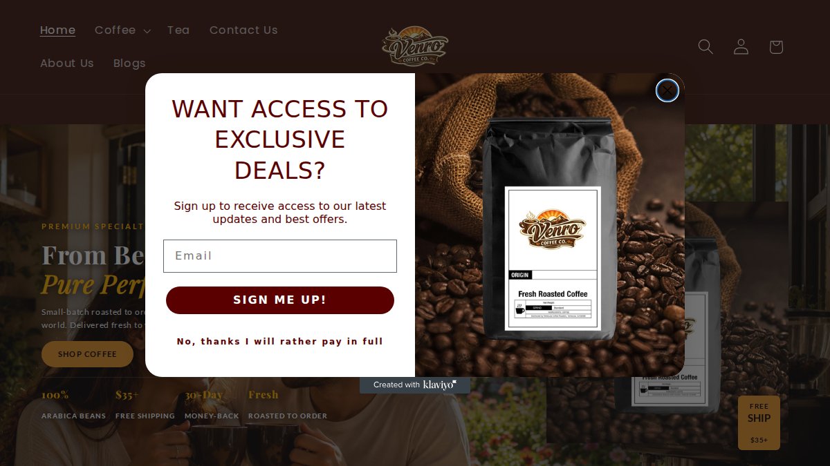 Screenshot of venrocoffee.com interface