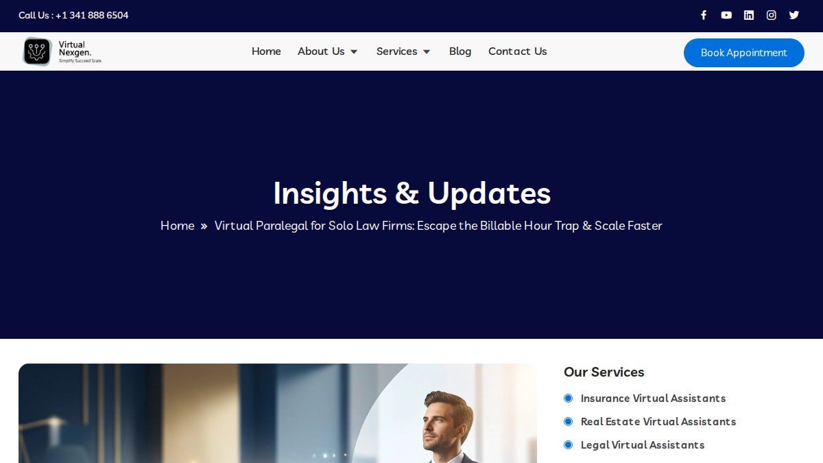 Screenshot of Virtual Paralegal For Solo Law Firms page on virtualnexgen.com