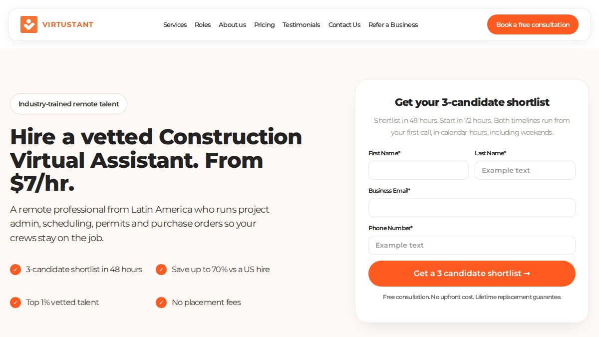 Screenshot of Construction page on virtustant.com
