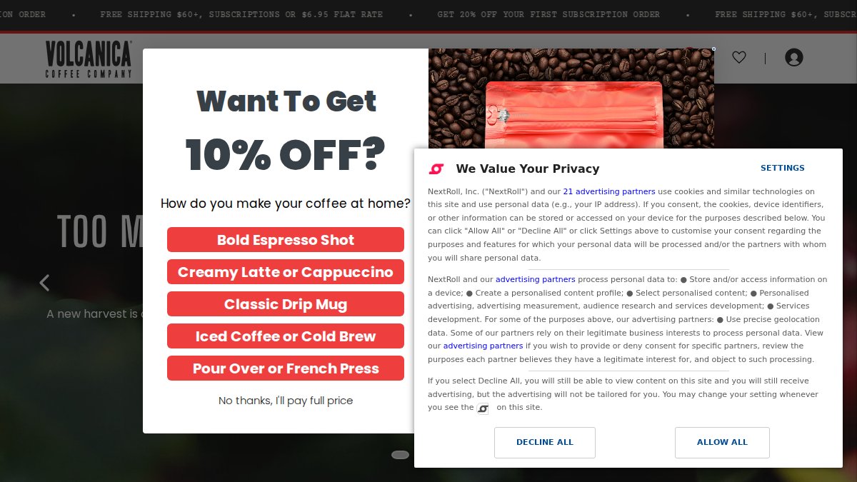 Screenshot of volcanicacoffee.com interface