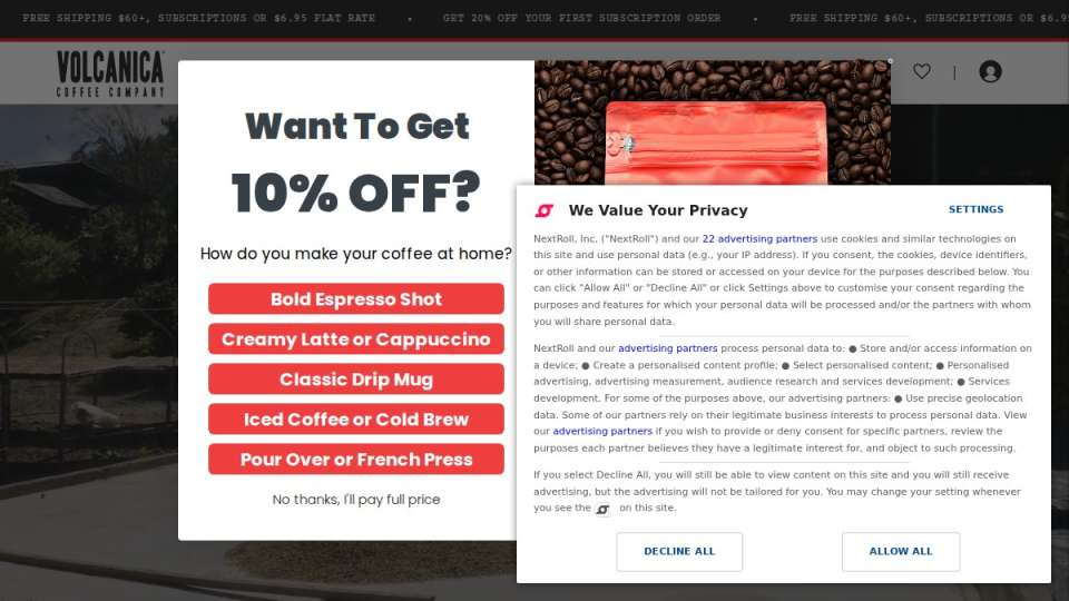 Screenshot of volcanicacoffee.com interface