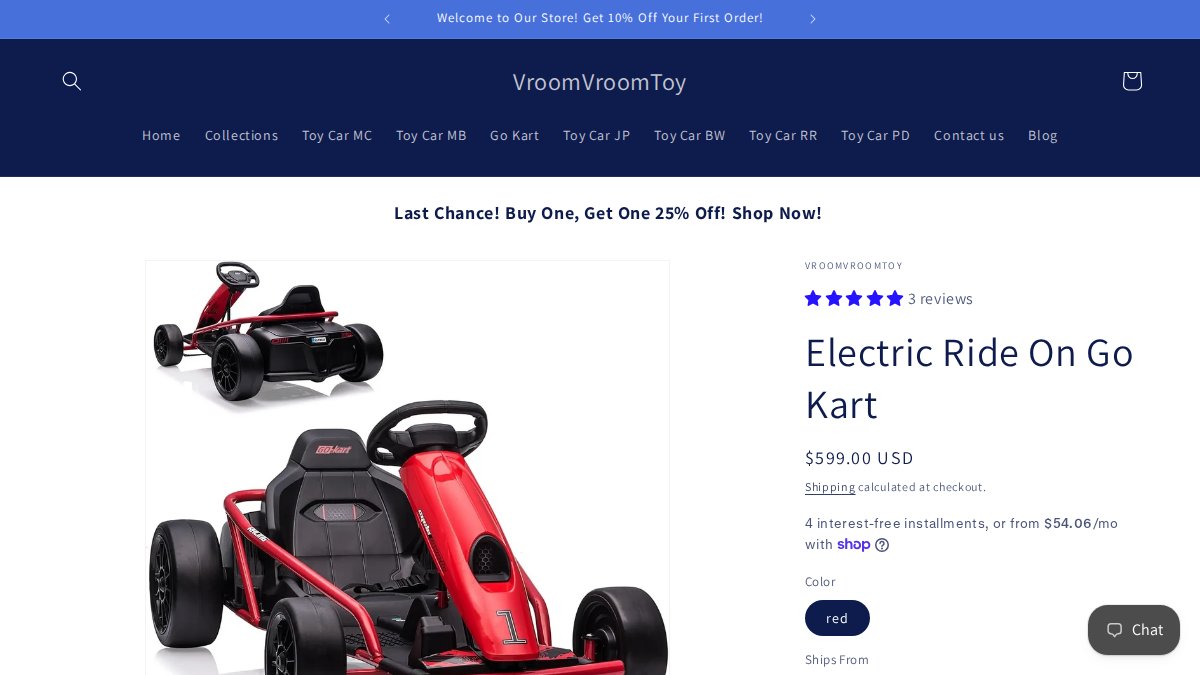 Screenshot of Electric Ride On Go Kart page on vroomvroomtoy.com