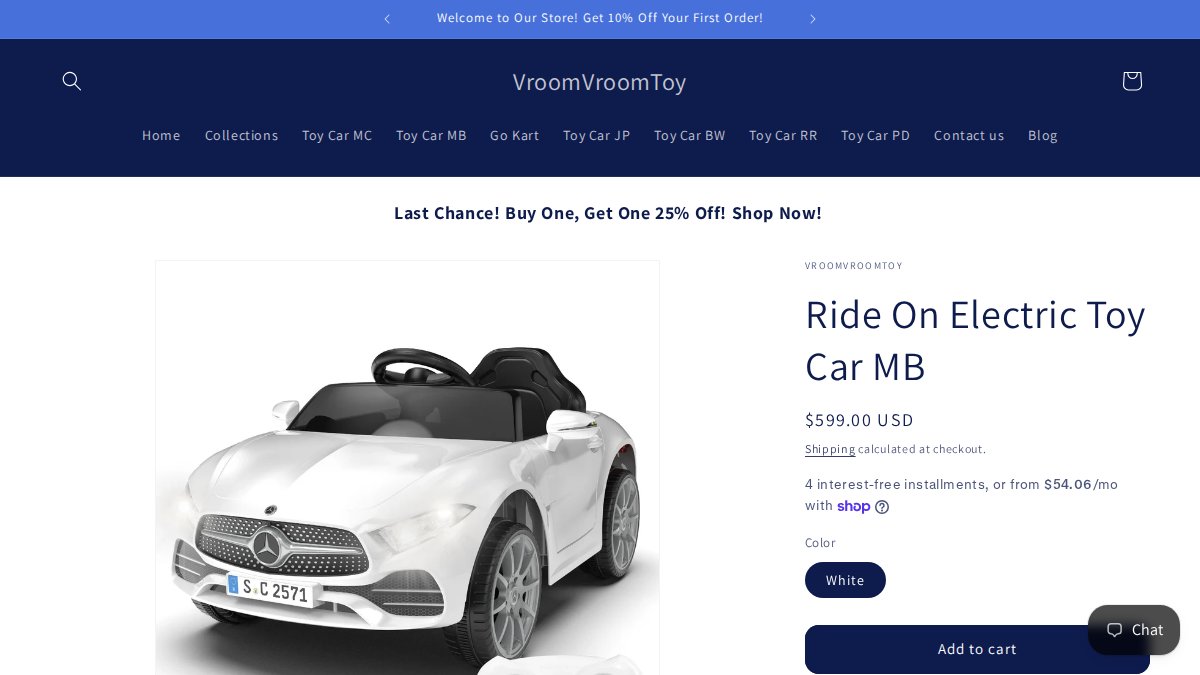 Screenshot of Ride On Electric Toy Car Mb page on vroomvroomtoy.com