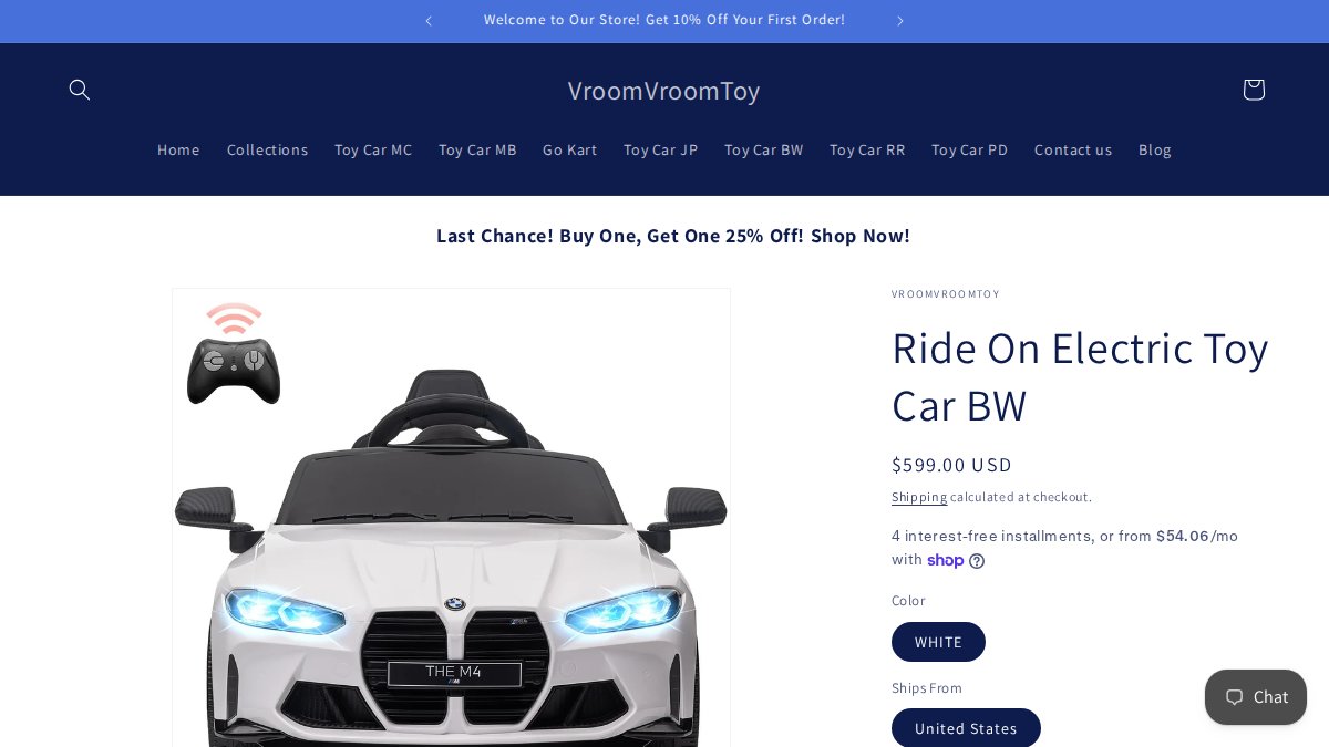 Screenshot of Ride On Electric Toy Car Bw page on vroomvroomtoy.com