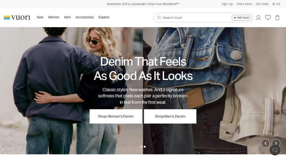 Screenshot of vuoriclothing.com interface