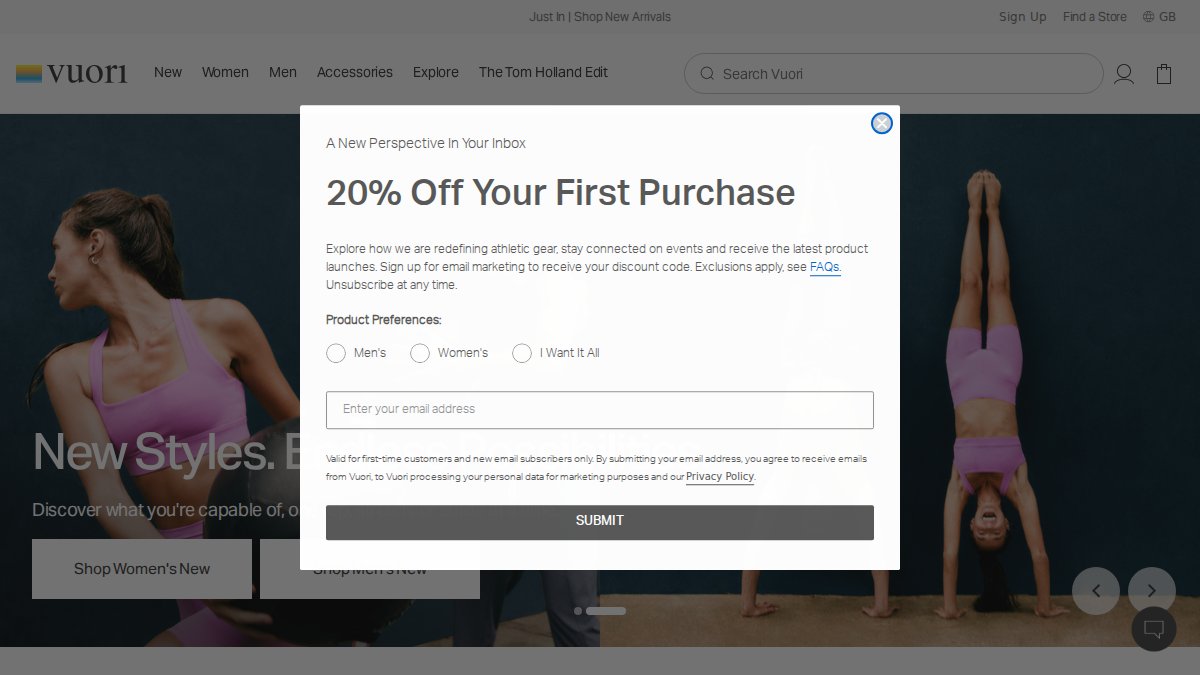 Screenshot of vuoriclothing.co.uk interface