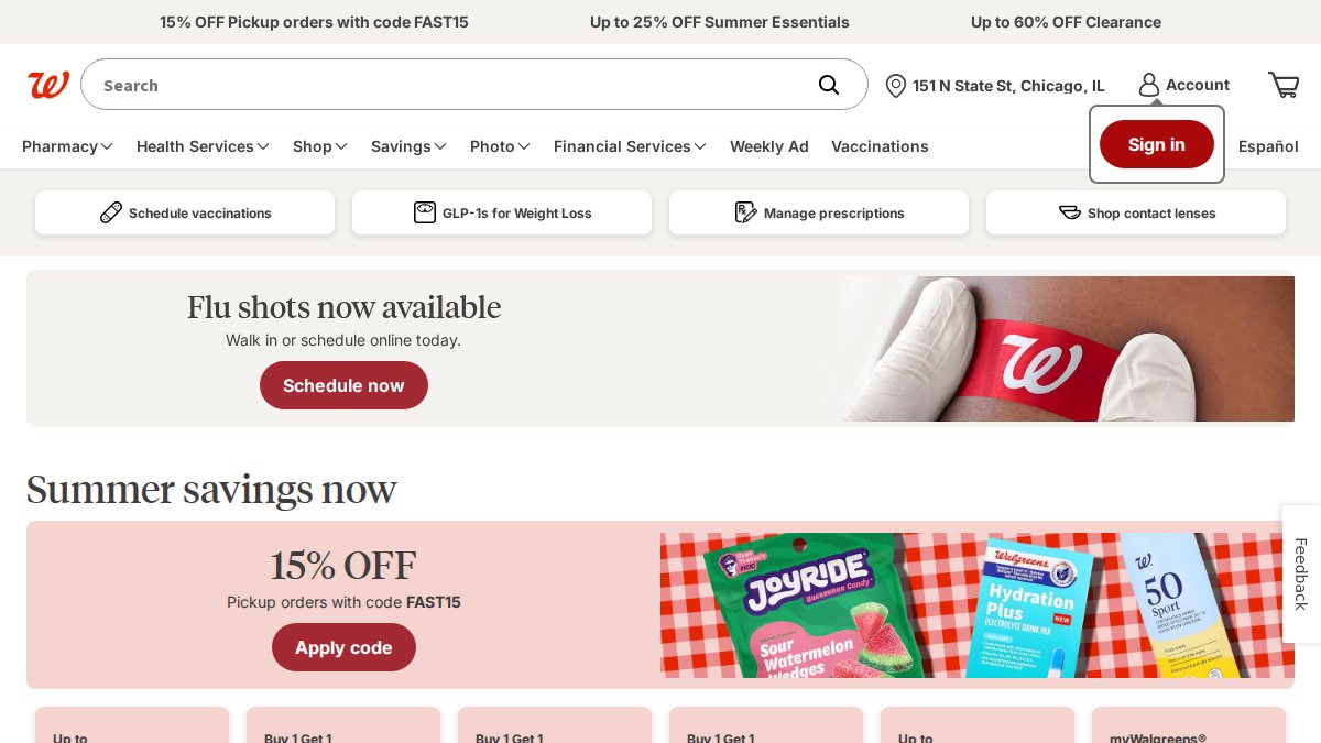 Screenshot of walgreens.com interface