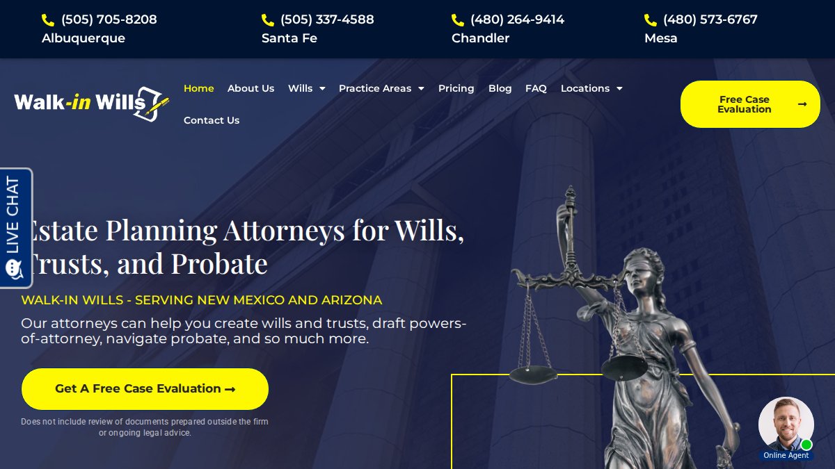 Screenshot of walkinwills.com interface