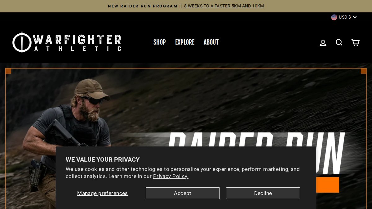 Screenshot of warfighterathletic.com interface