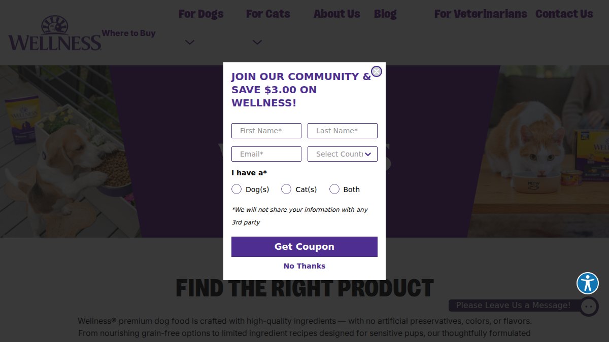 Screenshot of wellnesspetfood.com interface