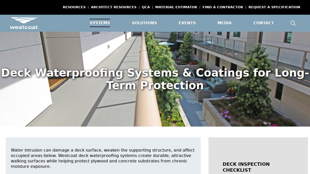 Screenshot of Waterproof Systems page on westcoat.com