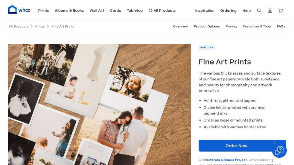 Screenshot of Fine Art Prints page on whcc.com