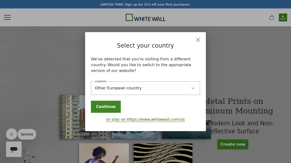 Screenshot of Metal Prints page on whitewall.com