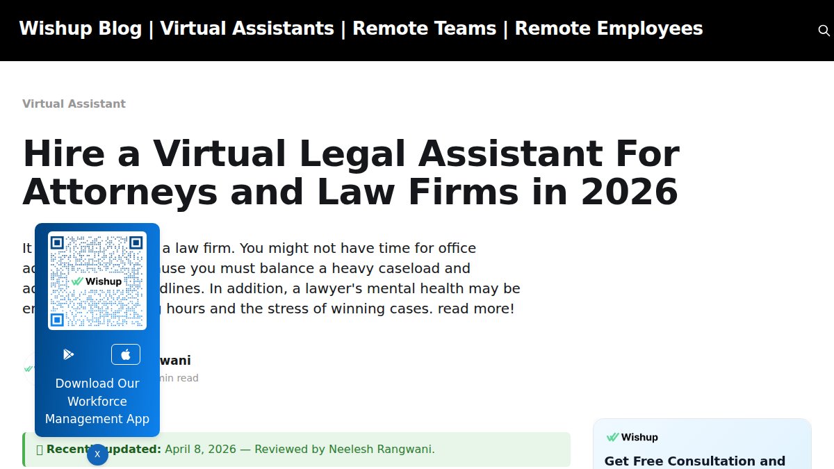 Screenshot of Virtual Legal Assistant page on wishup.co