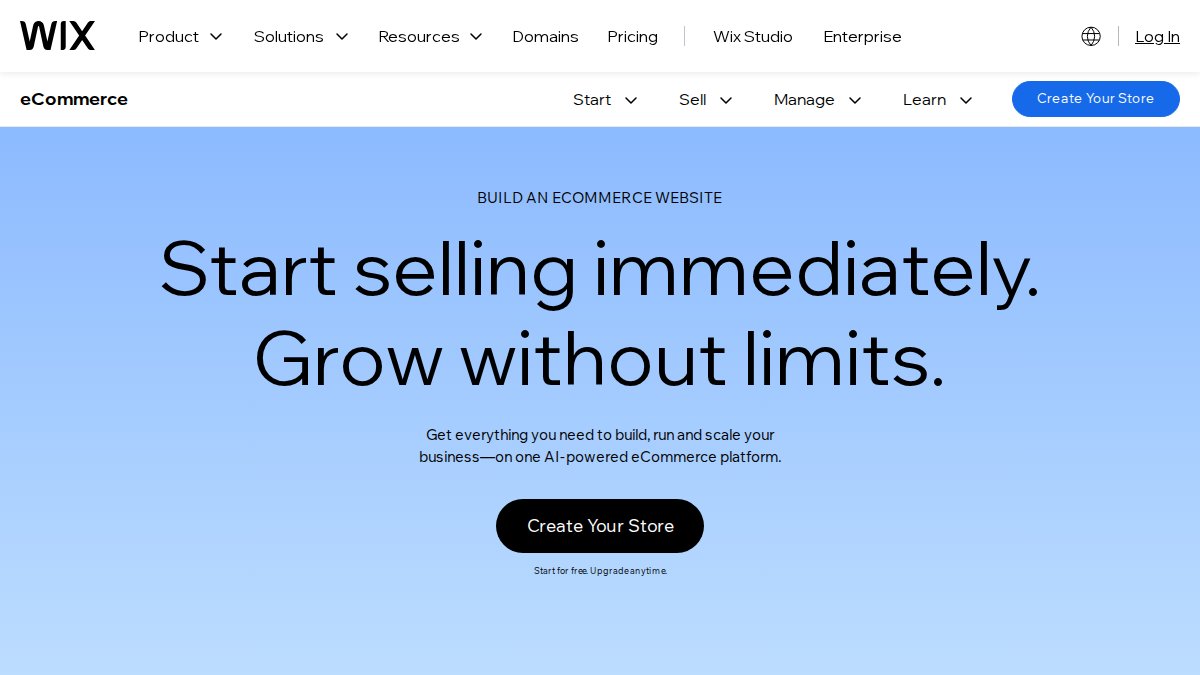 Screenshot of Ecommerce page on wix.com