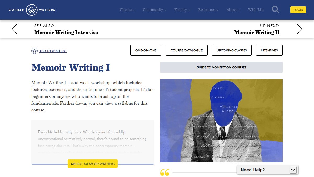 Screenshot of Memoir Writing I page on wp.writingclasses.com