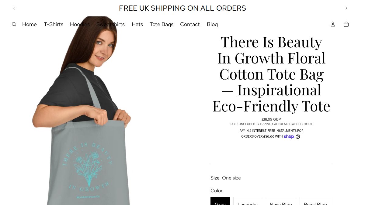 Screenshot of There Is Beauty In Growth Floral Cotton Tote Bag Inspirational Eco Friendly Tote page on wyldehavenco.myshopify.com