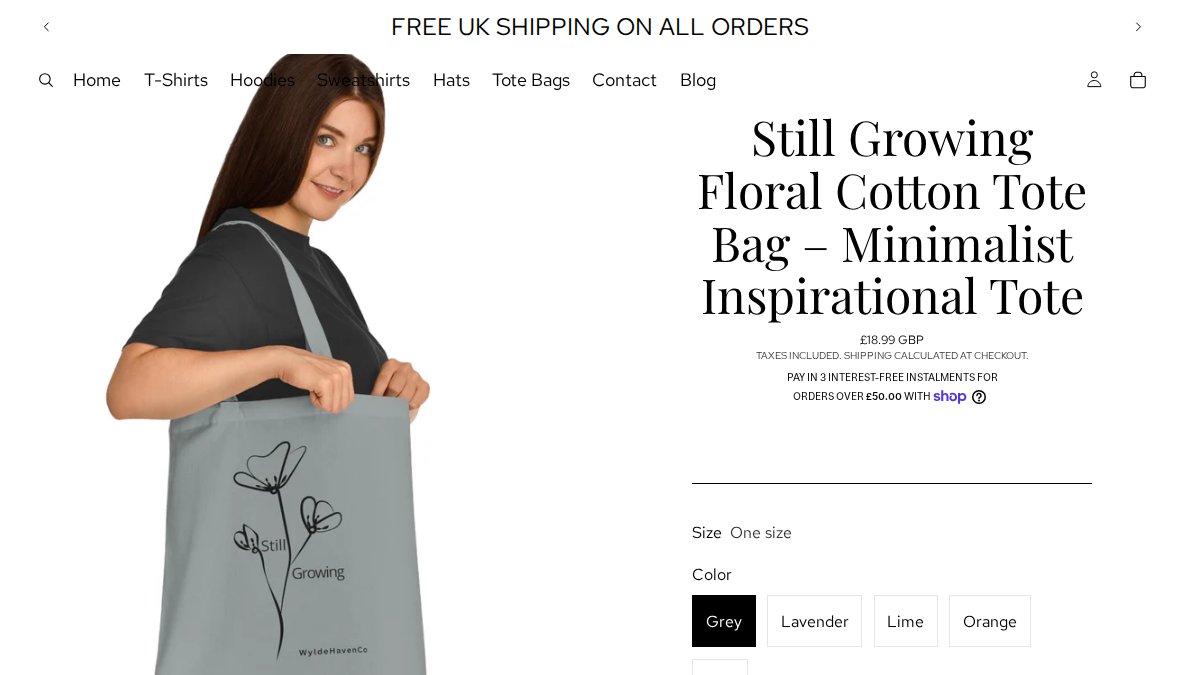Screenshot of Still Growing Floral Cotton Tote Bag Minimalist Inspirational Tote page on wyldehavenco.myshopify.com