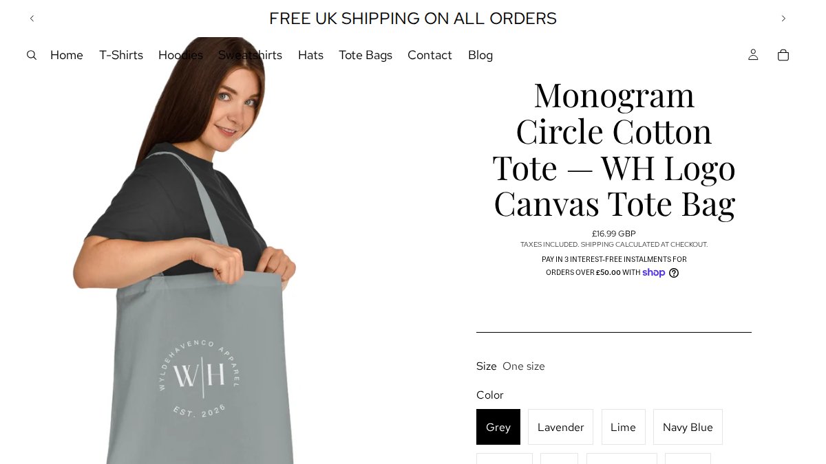 Screenshot of Monogram Circle Cotton Tote Wh Logo Canvas Tote Bag page on wyldehavenco.myshopify.com