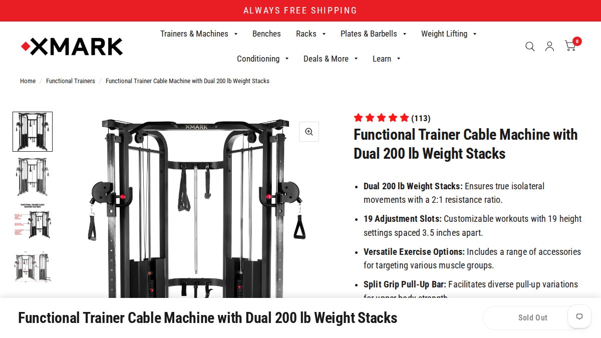 Screenshot of Functional Trainer Cable Machine With Dual 200 Lb Weight Stacks page on xmarkfitness.com