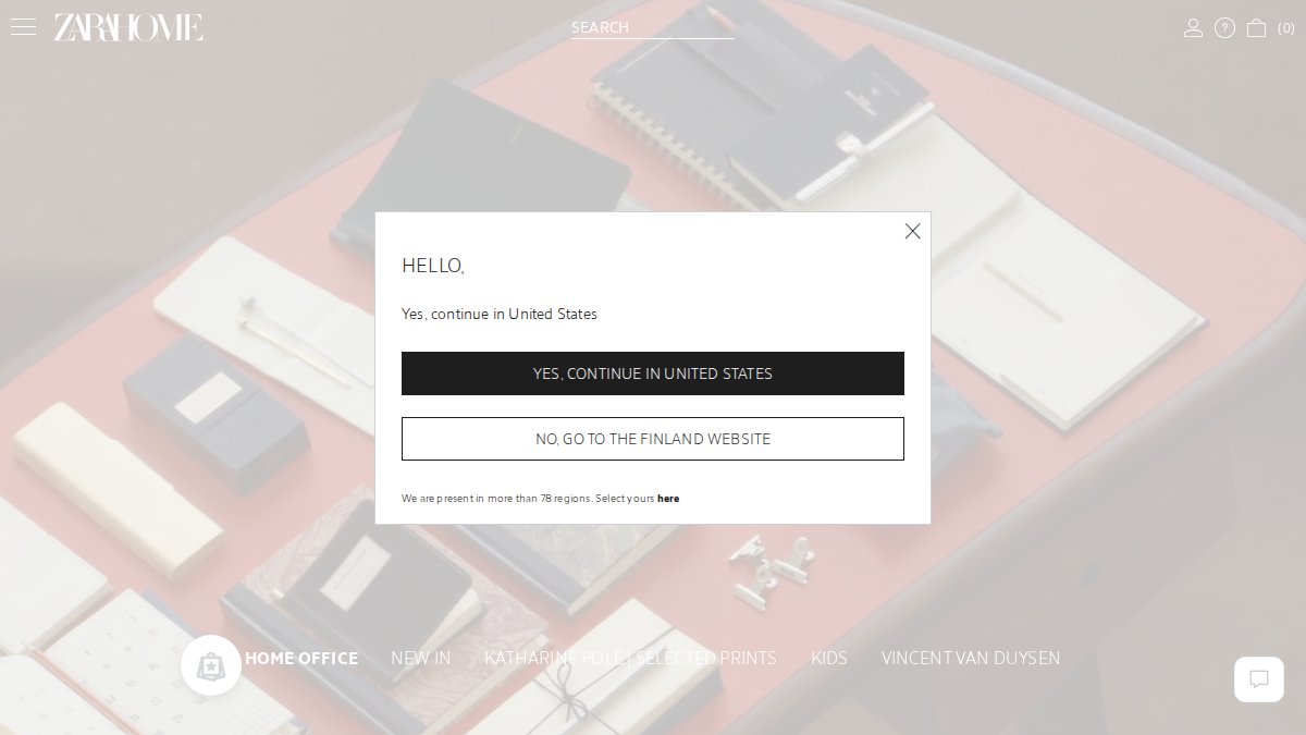 Screenshot of zarahome.com interface