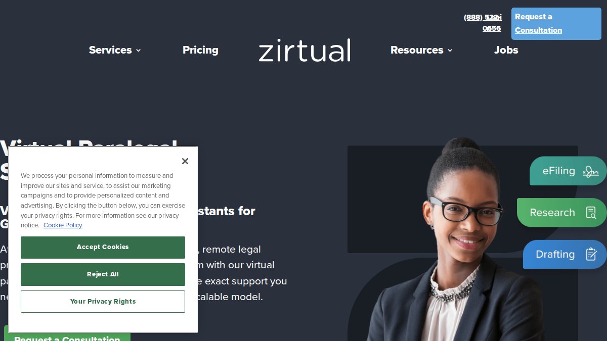 Screenshot of Virtual Paralegal Services page on zirtual.com