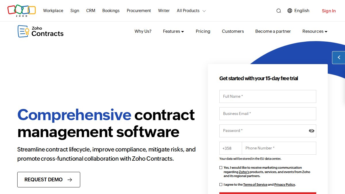 Screenshot of Contracts page on zoho.com