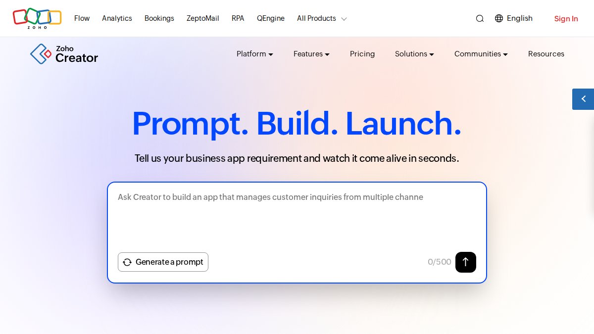Screenshot of Creator page on zoho.com