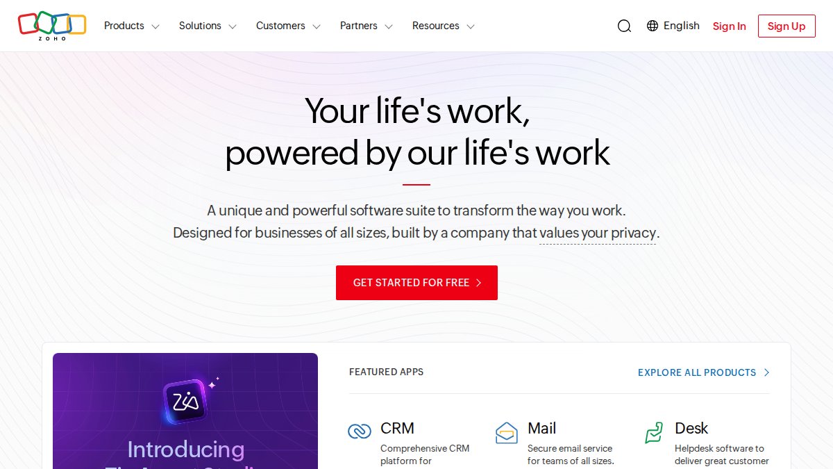 Screenshot of zoho.com interface