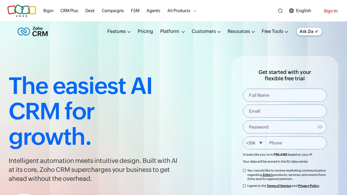 Screenshot of zoho.com interface