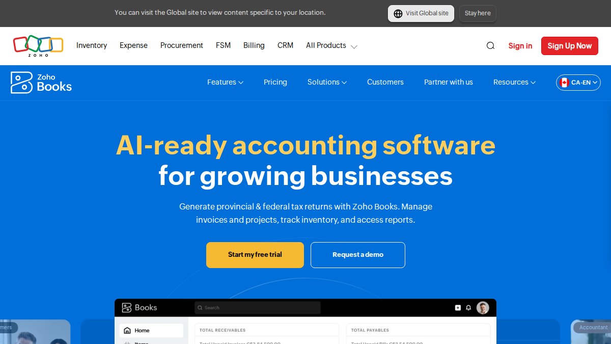 Screenshot of Books page on zoho.com