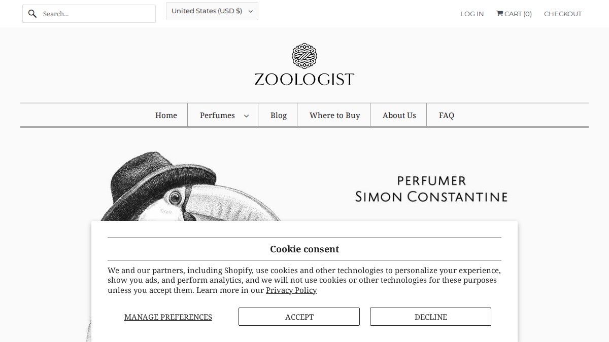 Screenshot of zoologistperfumes.com interface
