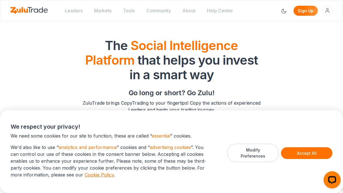 Screenshot of zulutrade.com interface